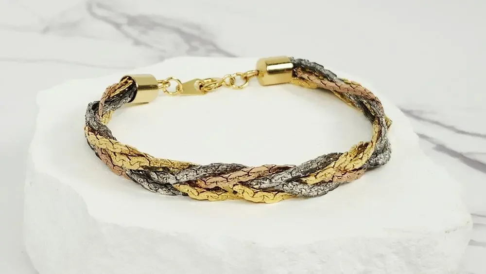 Vintage Tri-Color Braided Herringbone Chain Bracelet Gold Silver Rose 7.5